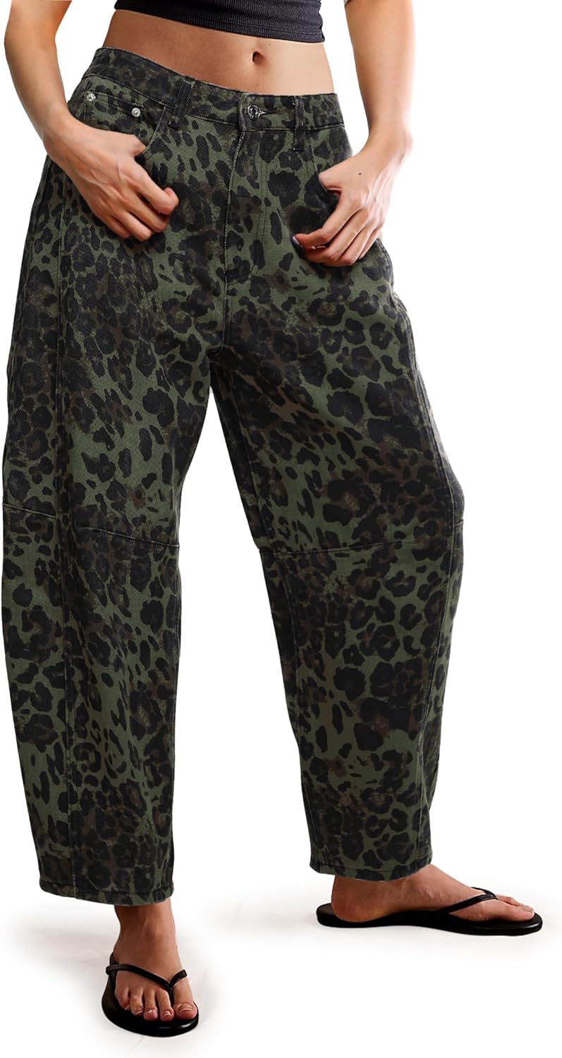 Trendy Women's Barrel Boyfriend Baggy Leopard Print Jeans