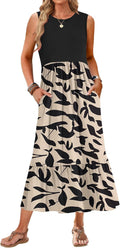 Womens Summer Sleeveless Maxi Dress Crewneck Tiered