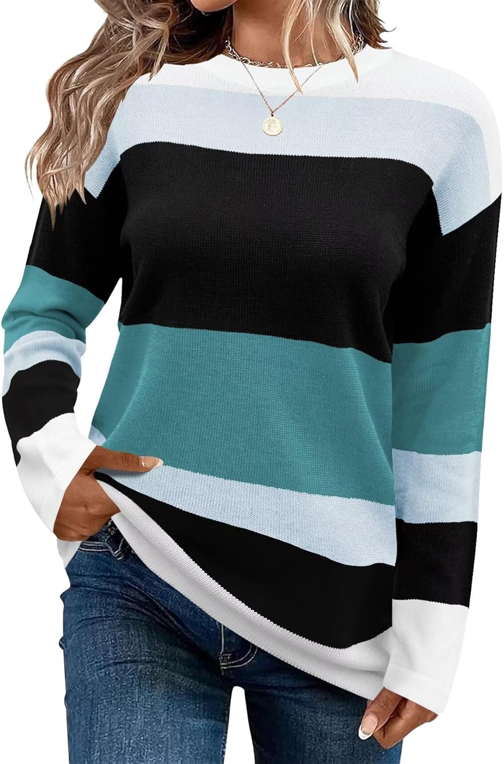 Cute Striped Sweaters for Women - Cozy Crew Neck Pullover