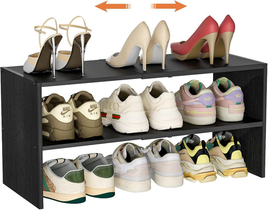 Black Shoe Rack Organizer for Closet - Expandable 2-Tier Shelf