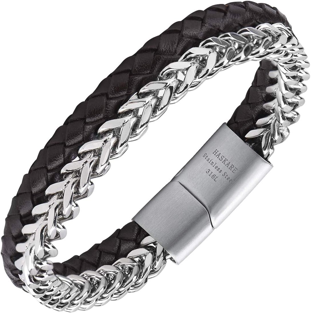HASKARE Mens Leather Bead Bracelet Personalized Gift
