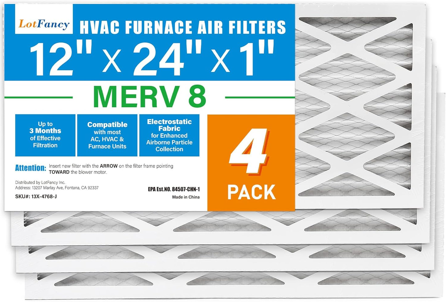 LotFancy 12x24x1 Air Filter MERV 8 for Clean Air Quality