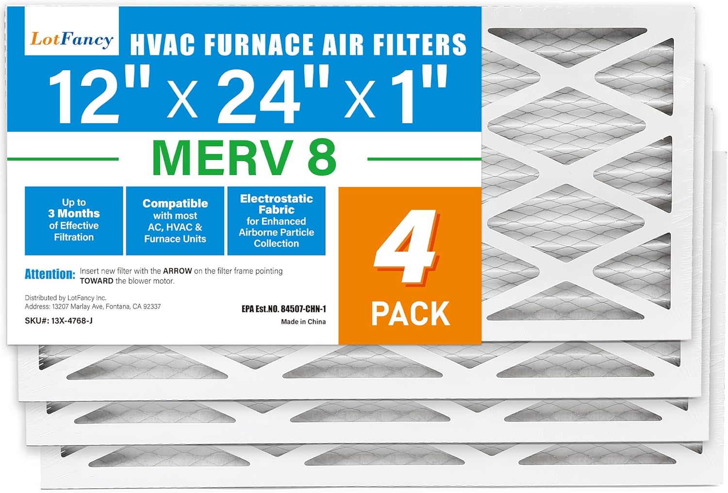 LotFancy 12x24x1 Air Filter MERV 8 for Clean Air Quality