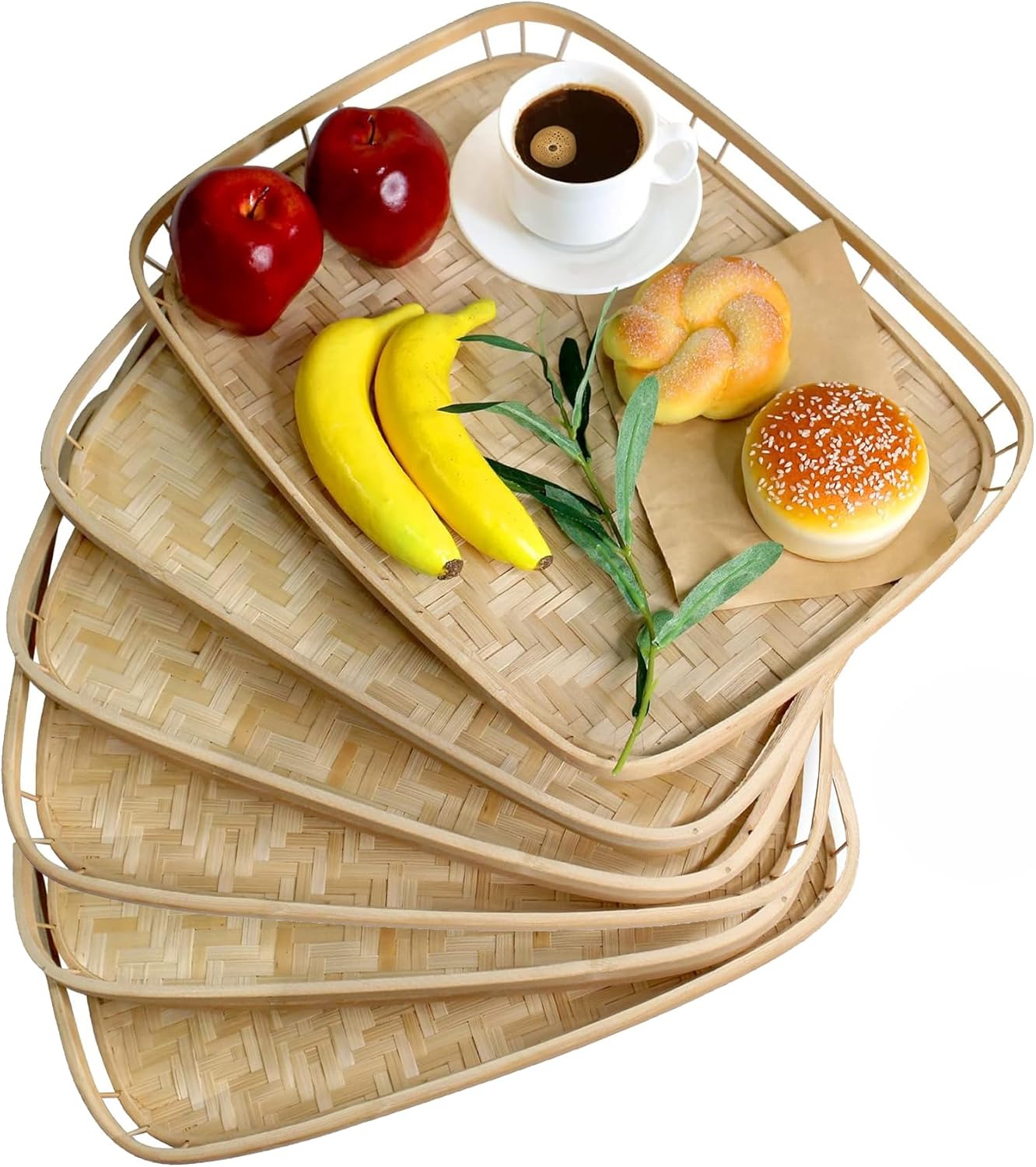 PEMAR Bamboo Wicker Serving Trays for Foods & Drinks - Set of 4
