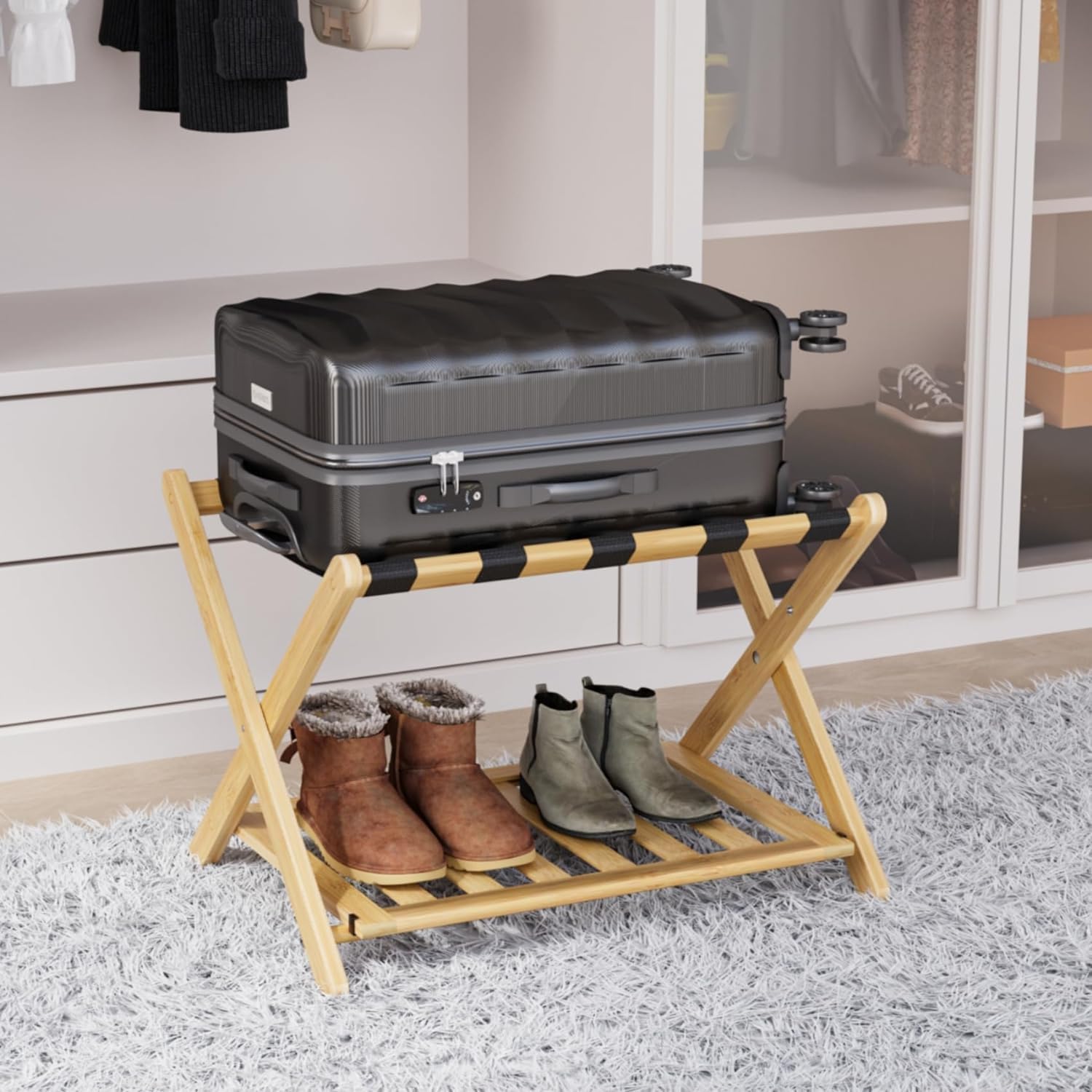 Fully Assembled Bamboo Luggage Rack for Guest Room Essentials