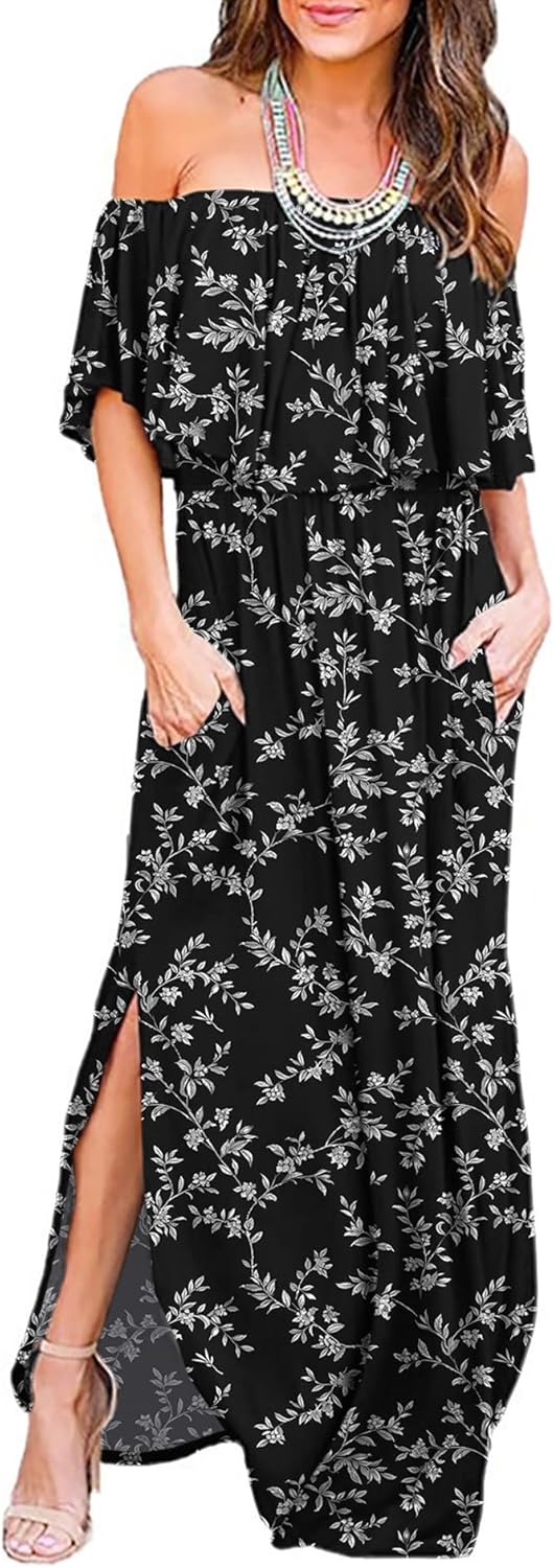 LILBETTER Womens Off The Shoulder Ruffle Party Maxi Dress