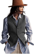 Womens Herringbone Tweed Waistcoat Vest V Neck Sleeveless - Office