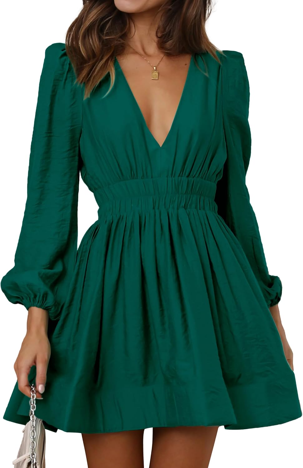 Mini Deep V Sexy Long Sleeve Dress for Women - A-line Casual