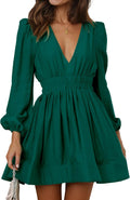 Mini Deep V Sexy Long Sleeve Dress - Flowy A-line Mini