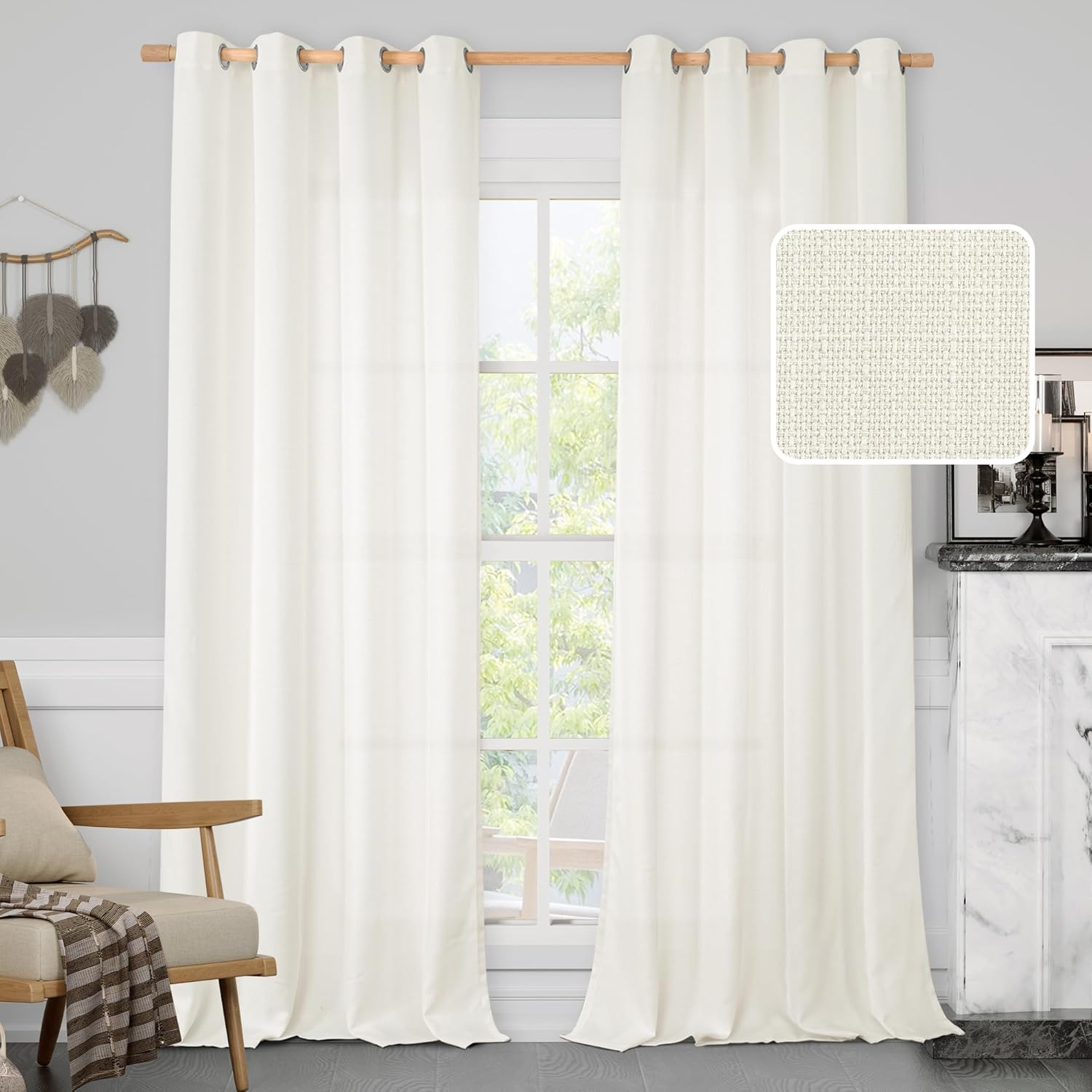 LAMIT Cream White Linen Curtains for Bedroom and Living Room