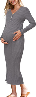 Wool Blend Maternity Sweater Dress V Neck Midi - Cozy Slim Fit