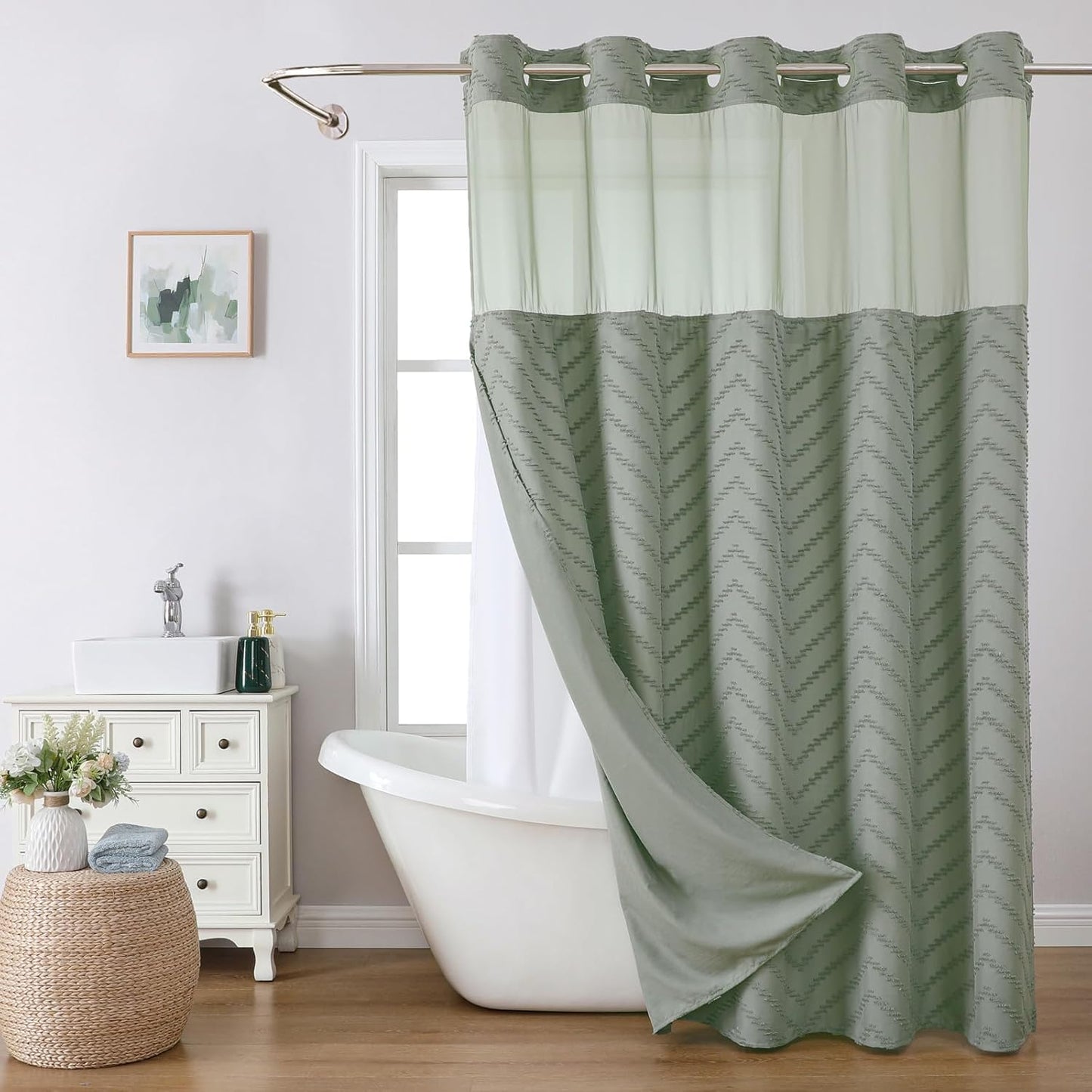 No Hook Tufted Chevron Striped Shower Curtain for Boho Style