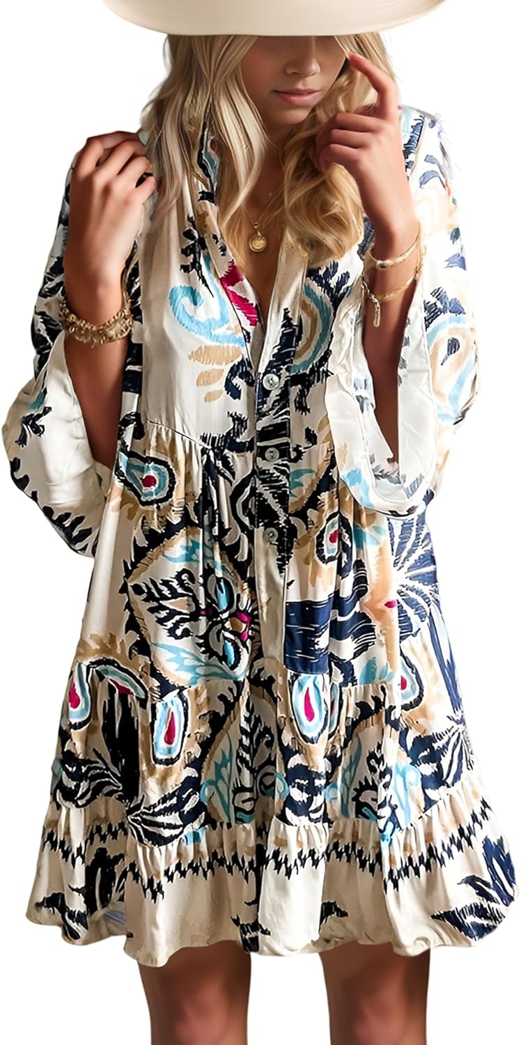 Summer Dresses for Women 2025 Flowy Ruffle V Neck Mini Dress