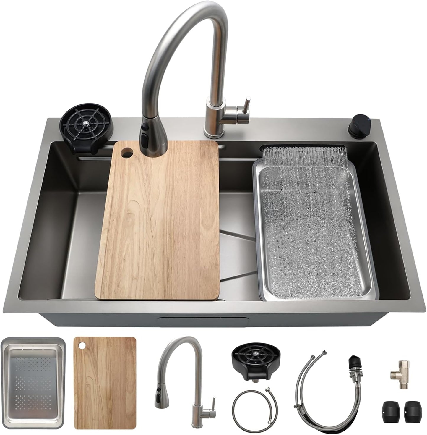 33 Inch Drop In Kitchen Sink with Waterfall Ledge Design