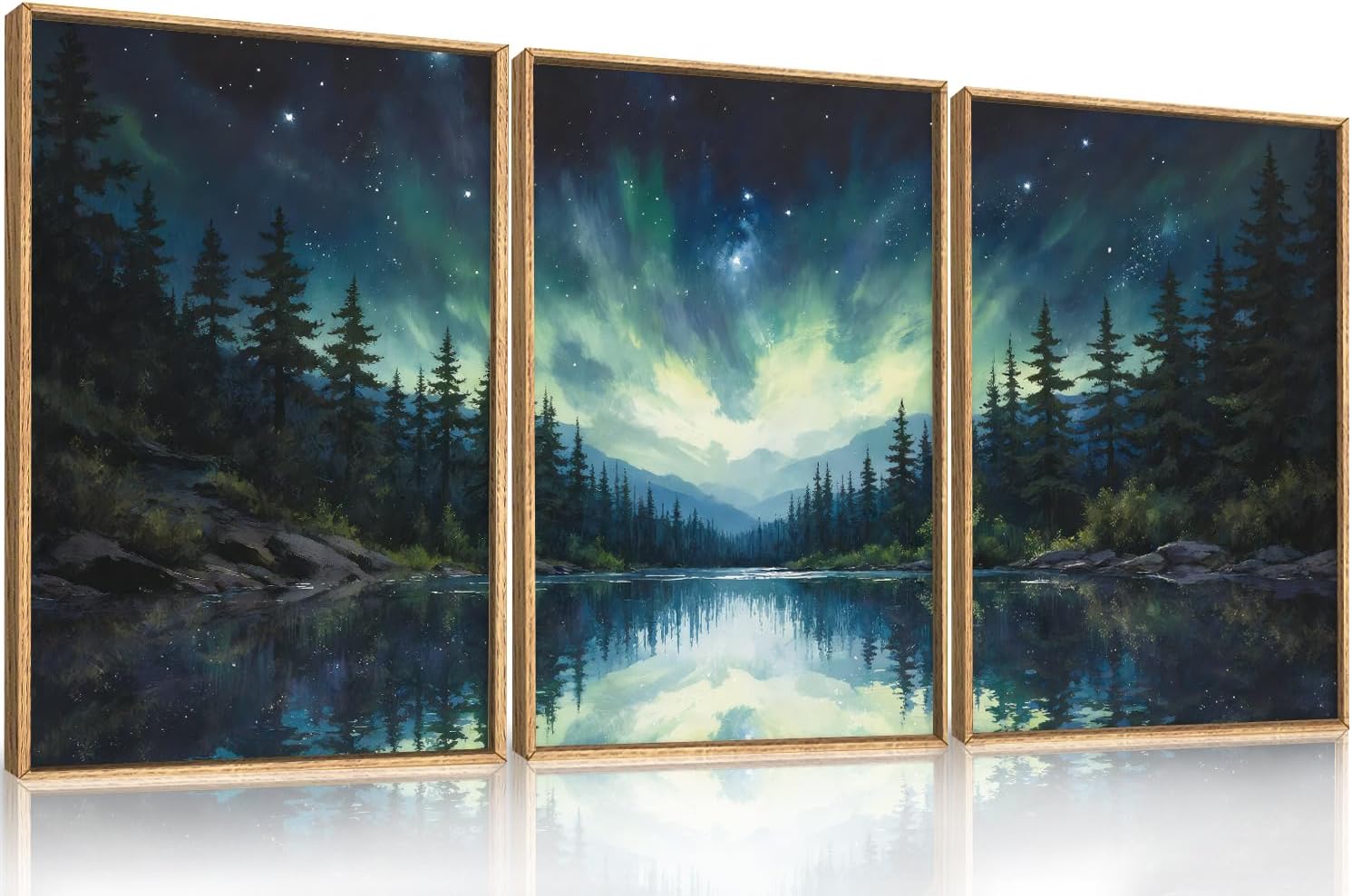 Luminous Northern Lights Forest Lake Canvas Wall Art Set