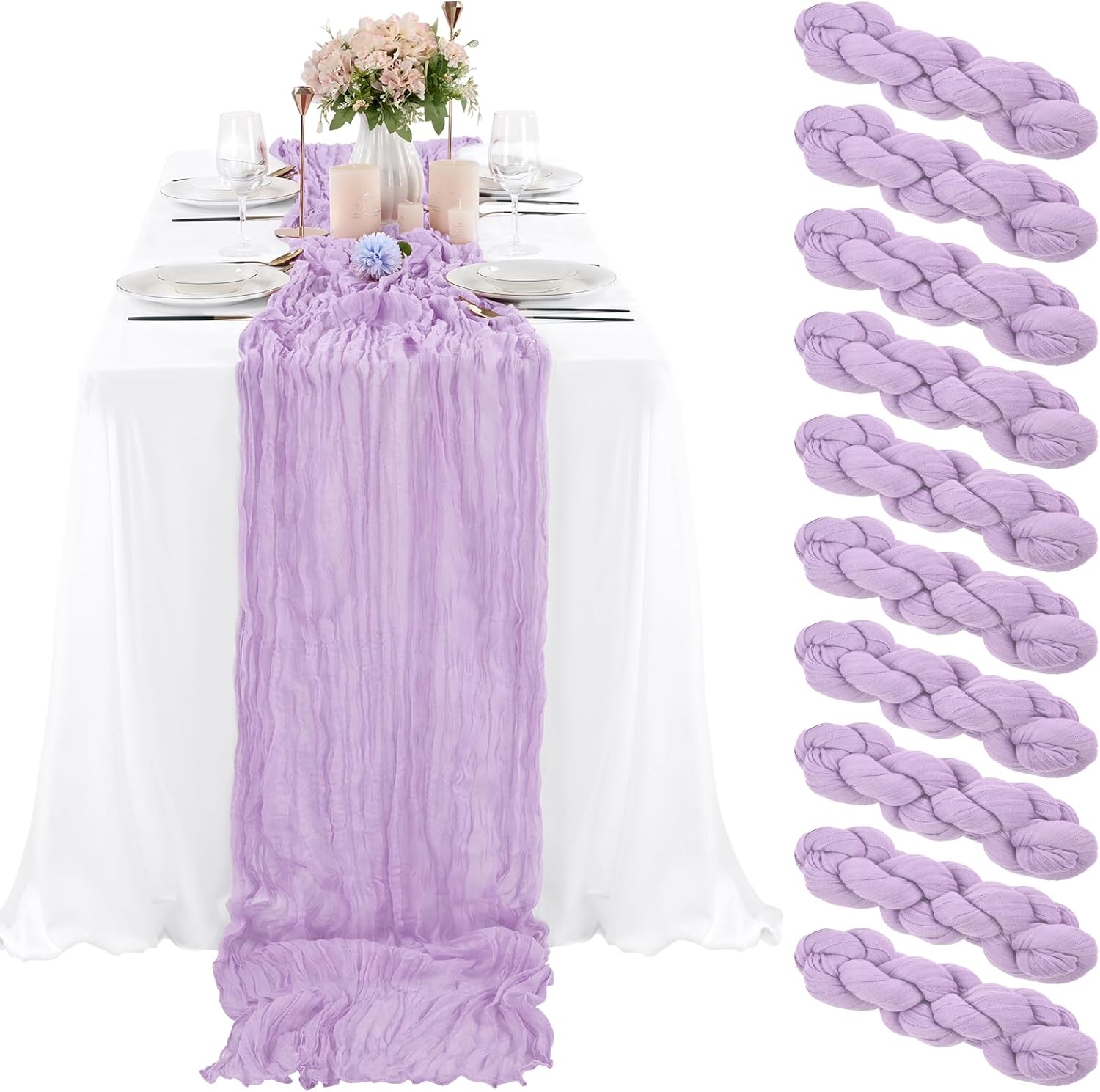10 Pcs Lilac Cheesecloth Table Runner for Elegant Events