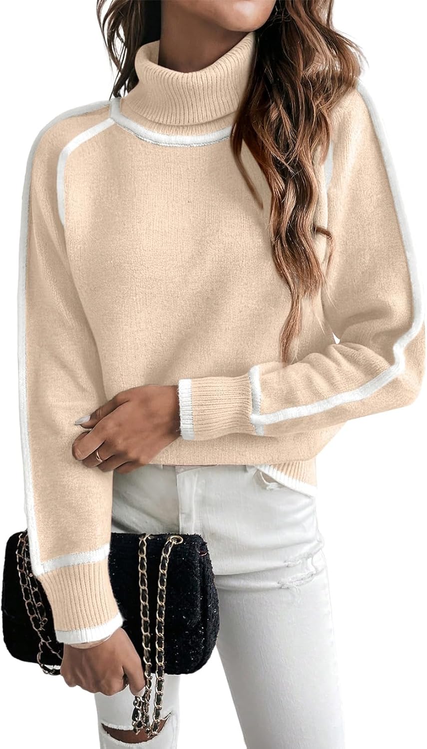 EVALESS Fall Sweaters for Women Cozy Turtleneck Colorblock Style
