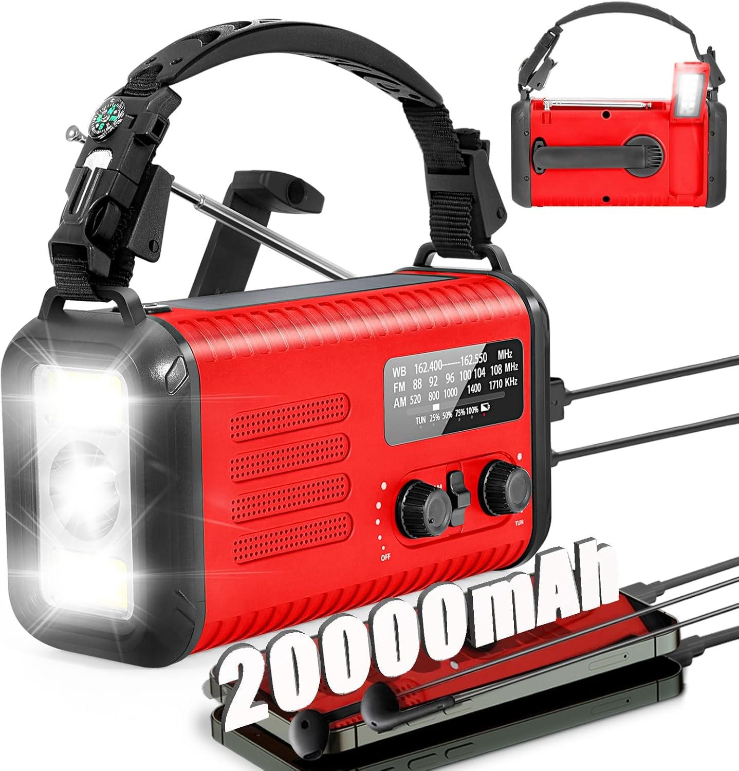 20000mAh Emergency Radio with Solar Hand Crank & Flashlight