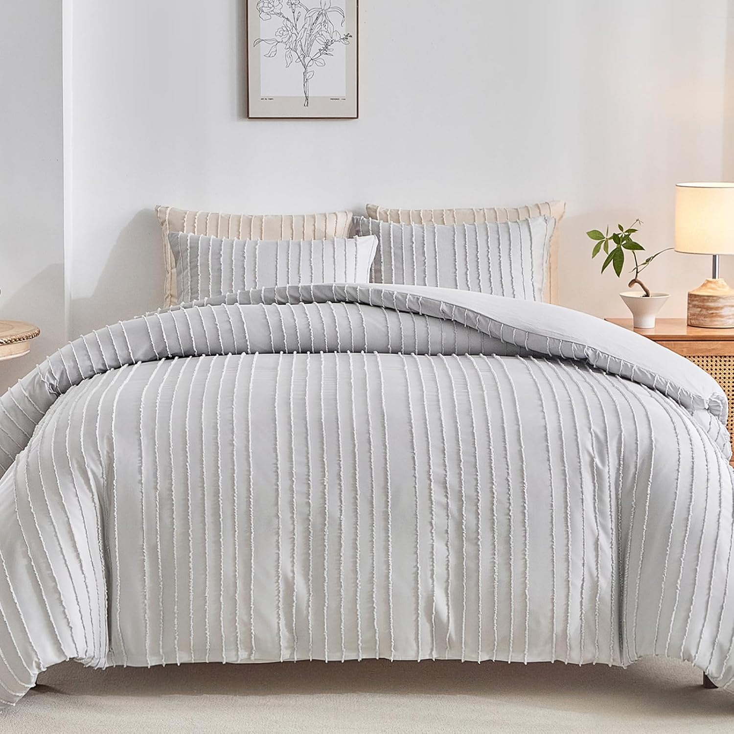 Light Grey Tufted Duvet Cover Set for Queen Size Bedding