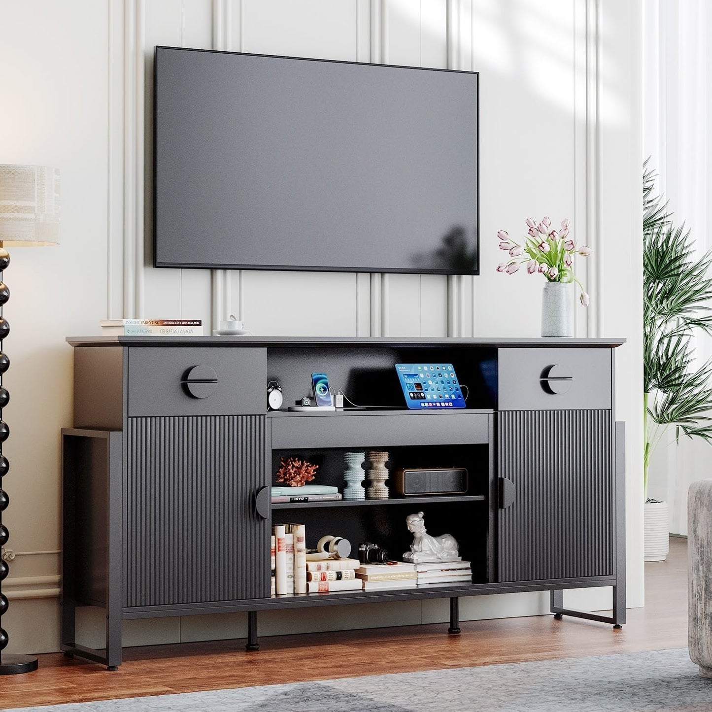 Stylish 80 TV Stand with Power Outlet & Storage