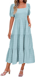 PRETTYGARDEN Women's Puff Sleeve Square Neck Midi Dress - Flowy Formal