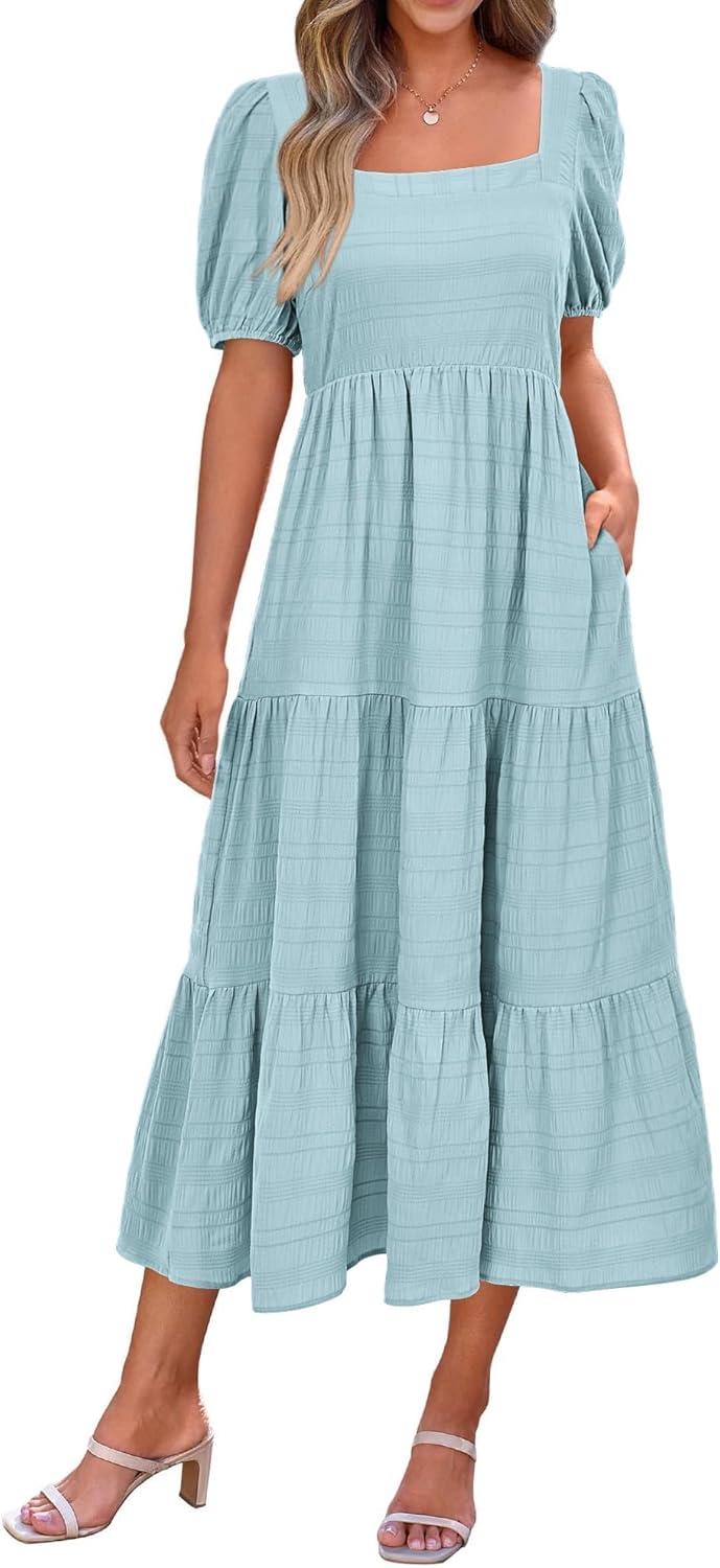 PRETTYGARDEN Women's Summer Dresses 2025 Puff Sleeve Midi Dress