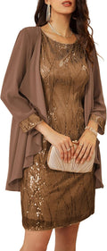 Women's Sequin Two Piece Knee Length Dress - With Jacket Cover-Up