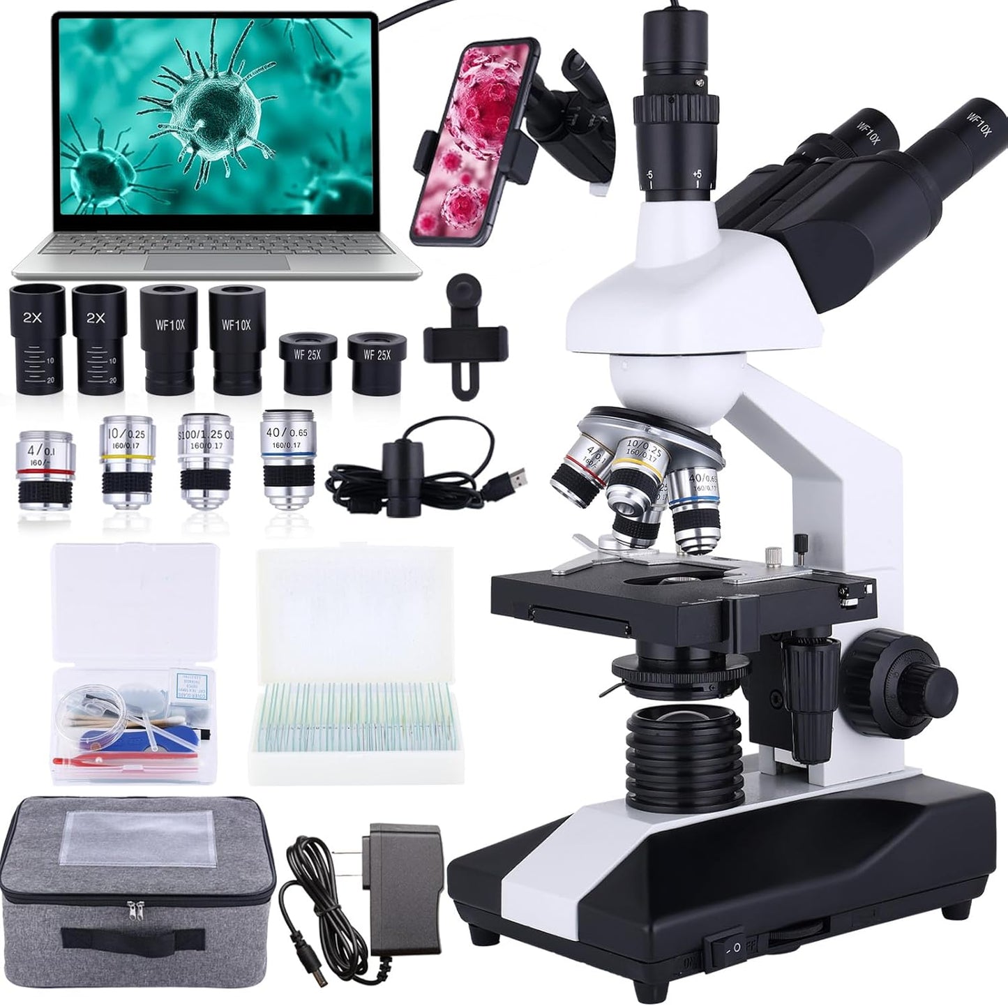 Compound Trinocular Microscope with 40X-5000X Magnification