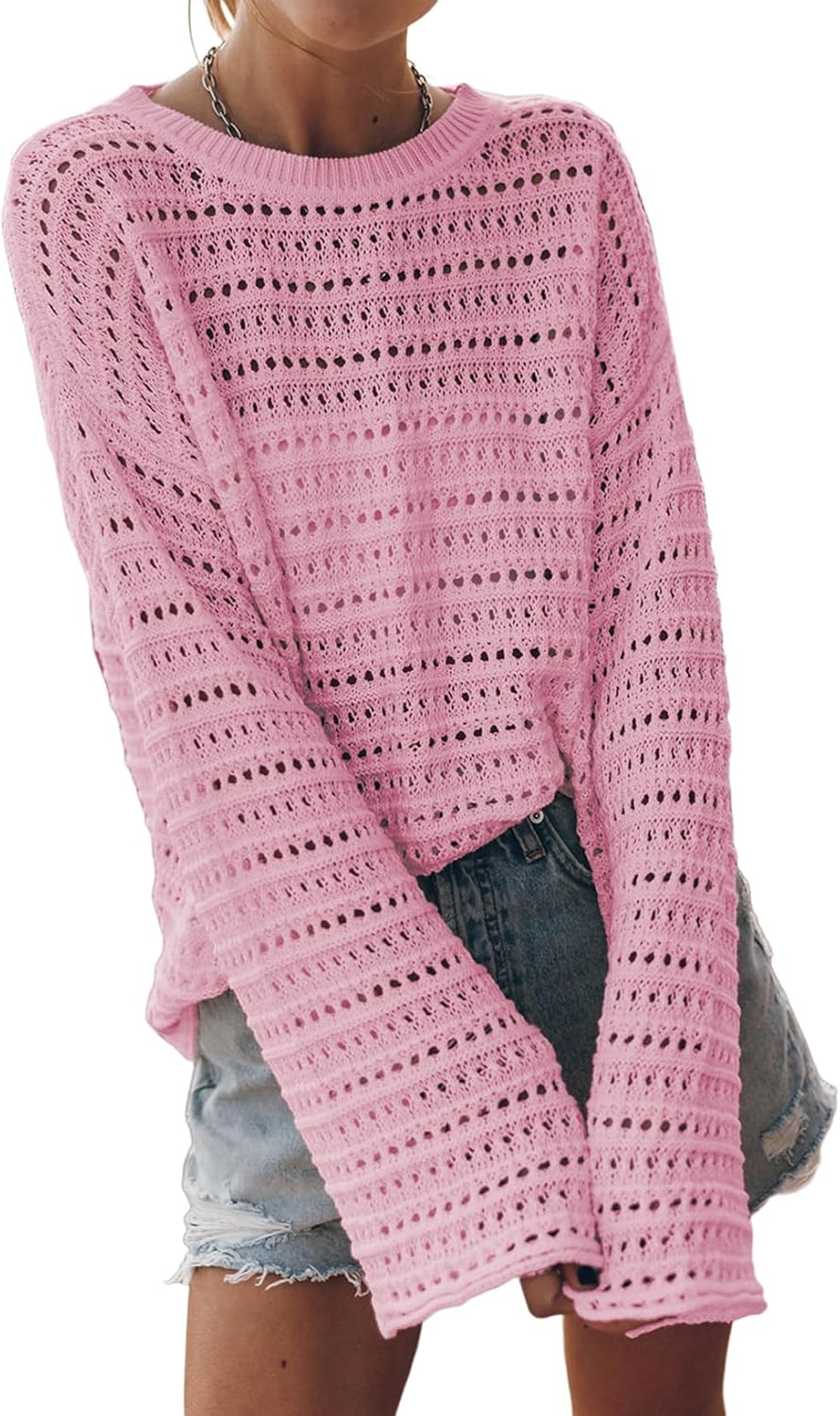 Sidefeel Womens Fall Sweaters Lightweight Crochet Knit Pullover