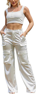 Womens Satin High Waist Cargo Pants Wide Leg Trousers - Chic Fit