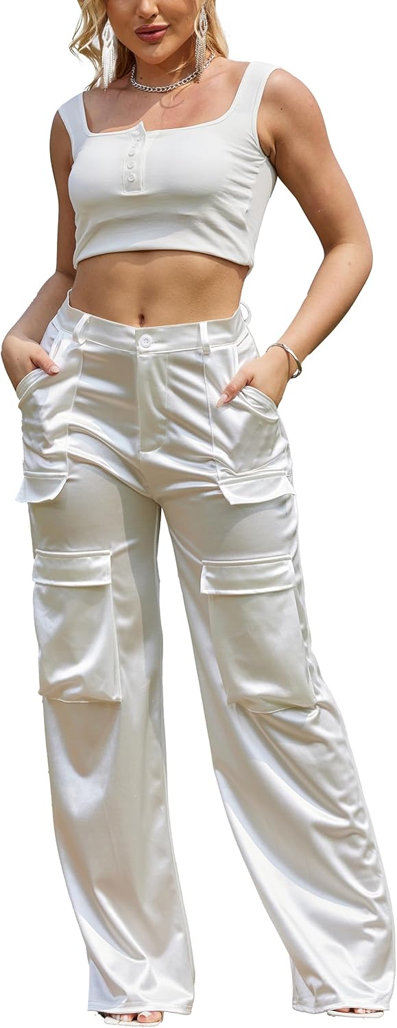 Womens High Waisted Satin Cargo Pants for Trendy Outfits