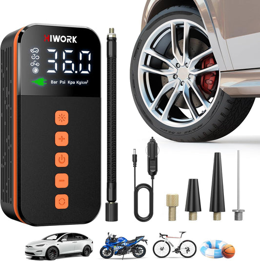HIWORK 12V Tire Inflator - Portable Pump with 150 PSI & Digital Gauge