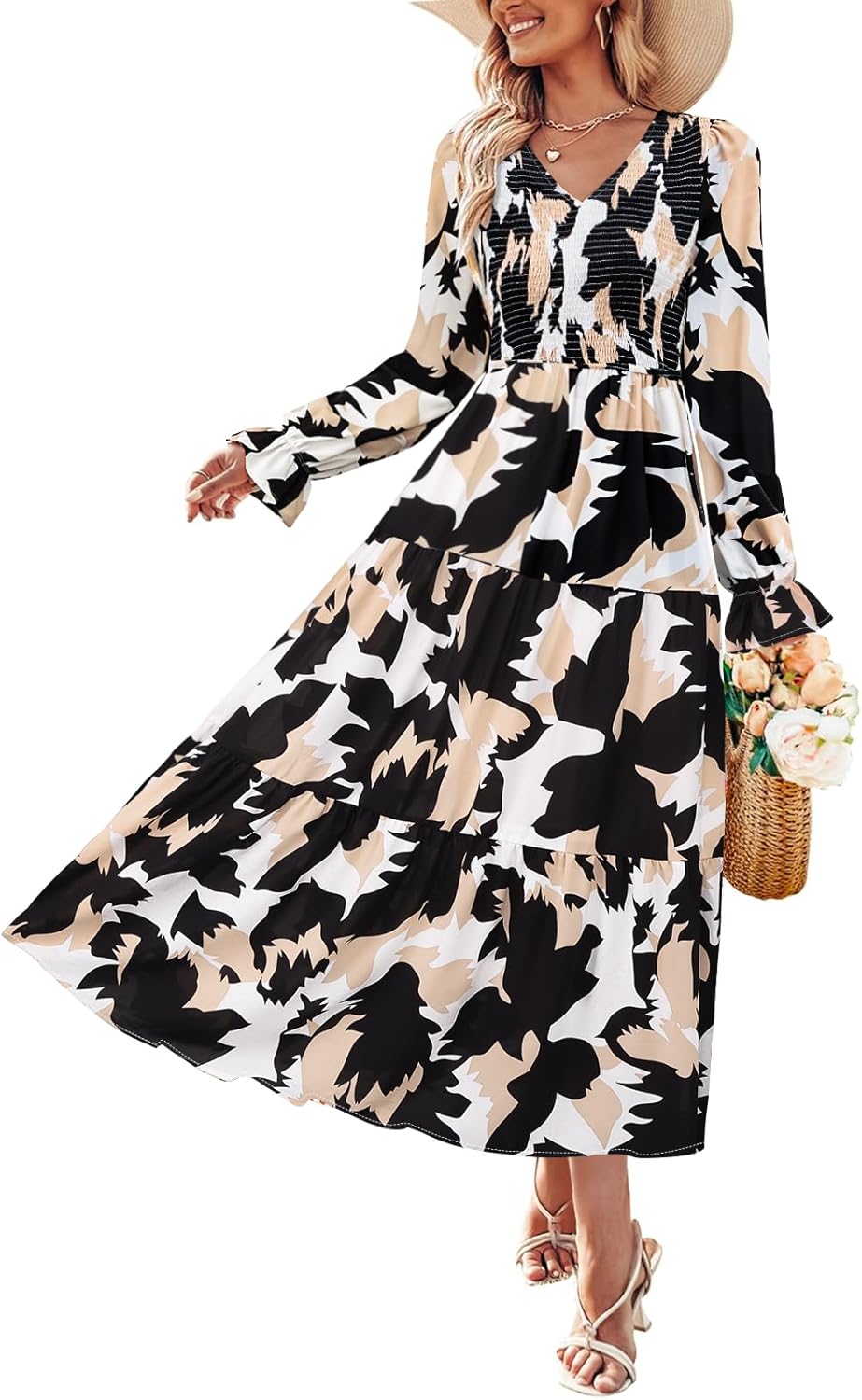 ZESICA Fall Wedding Guest Dresses Long Sleeve Floral Maxi
