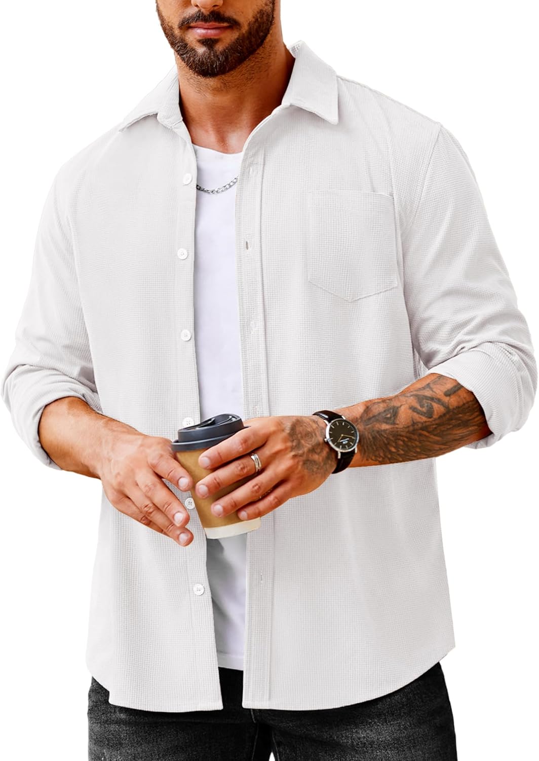 COOFANDY Men's Waffle Button Down Shirt for Casual Style