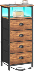Nightstand with Charging Station Rustic Brown - 4 Fabric Drawers