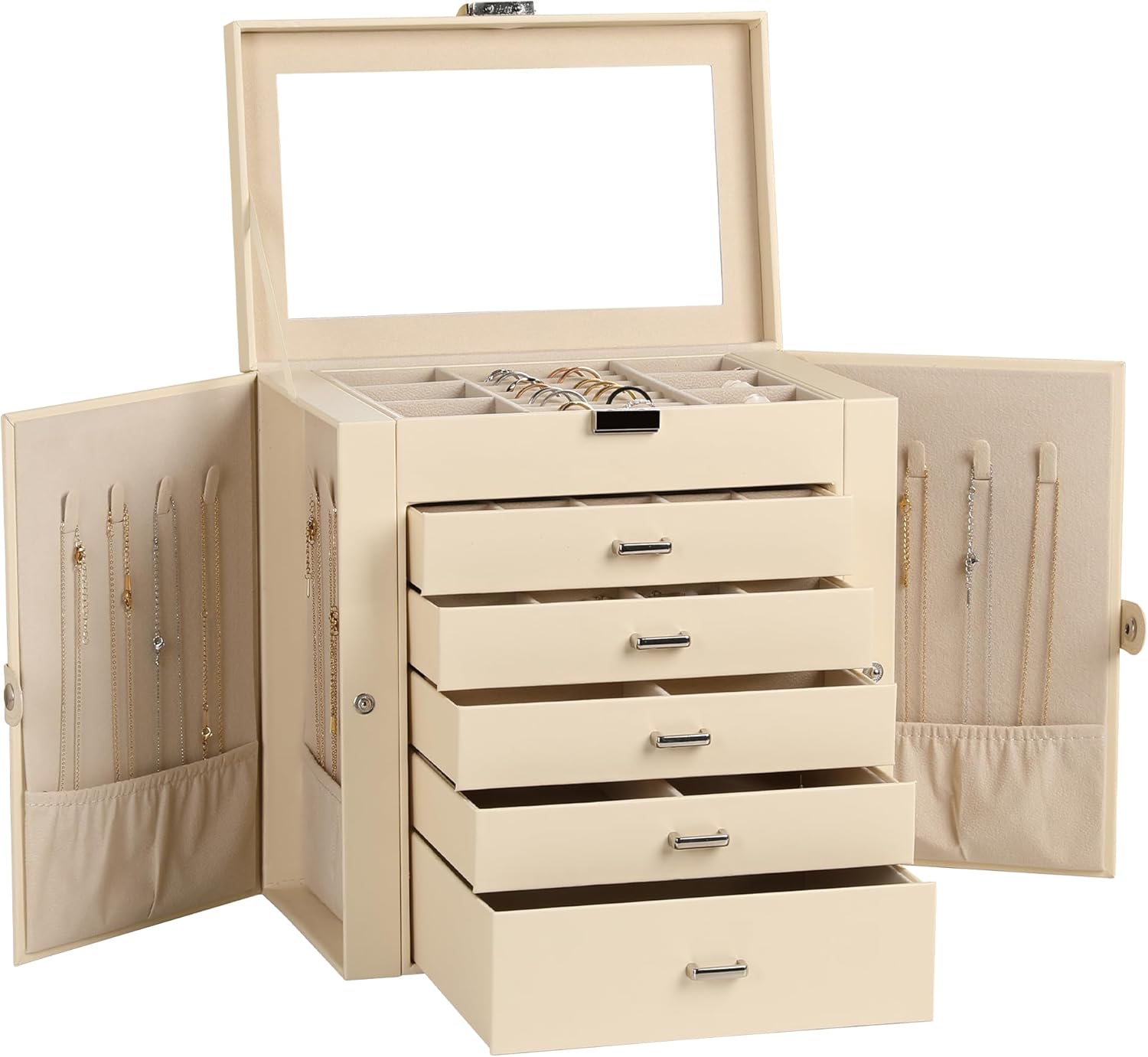Frebeauty Large Jewelry Box with 6-Tier Storage and Mirror