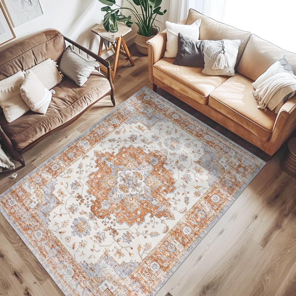 Vintage Washable Area Rug 5x7 for Living Room and Bedroom