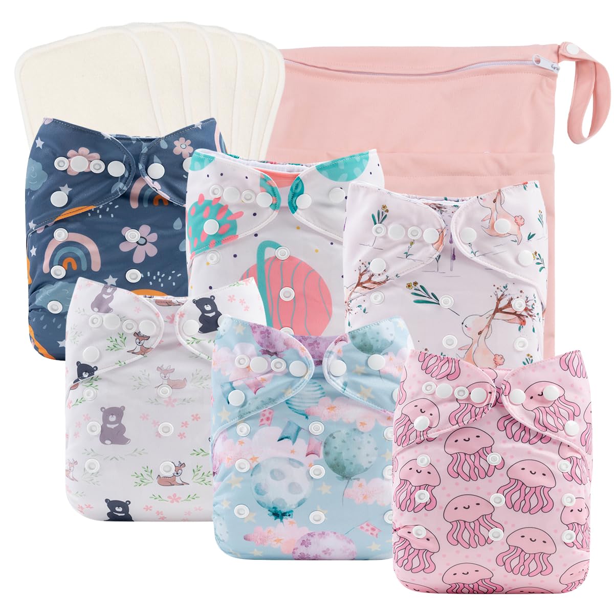 babygoal Reusable Cloth Diapers - 6 Pack with Bamboo Inserts