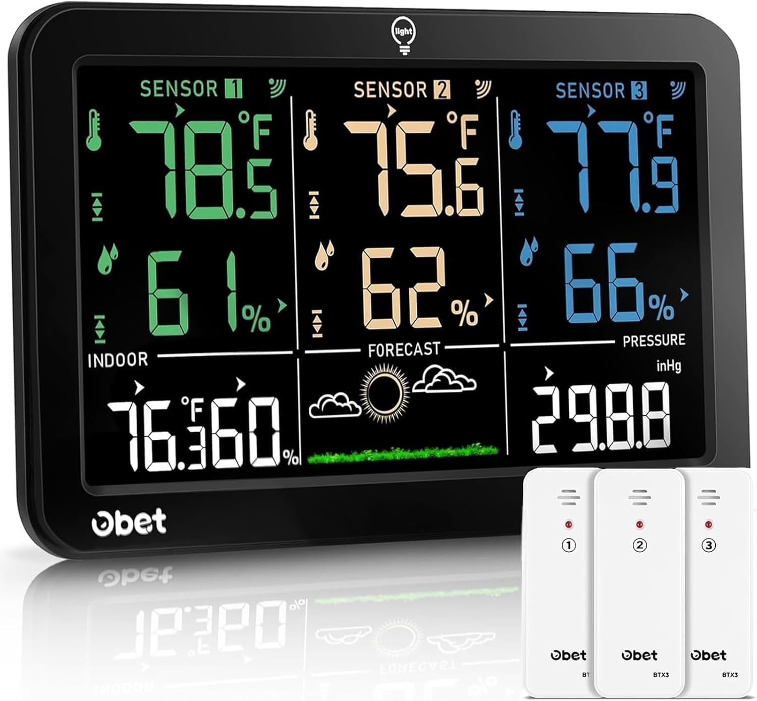 OBET Wireless Indoor Outdoor Thermometer with 3 Sensors