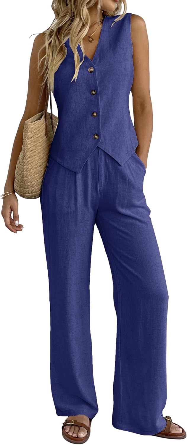 Stylish Women's 2 Piece Linen Vest and Wide Leg Pants Set