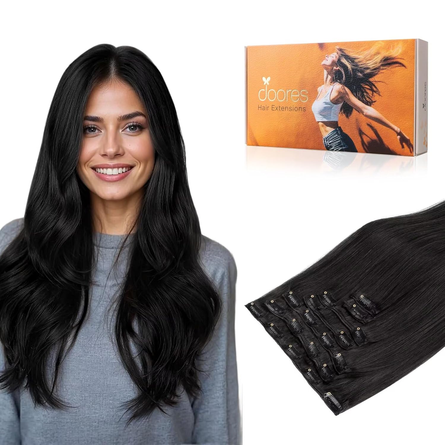 DOORES Hair Extensions Clip in Human Hair Natural Black 22 Inch