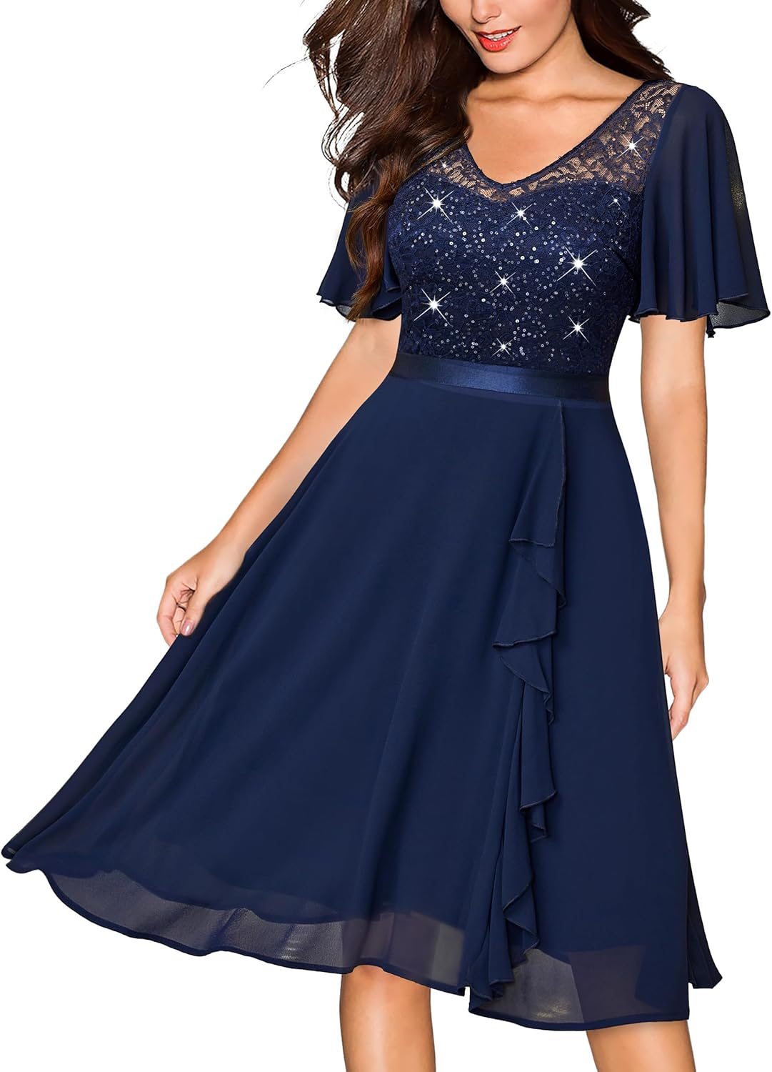 Miusol Women's Sequin Lace V Neck Ruffle Cocktail Dress