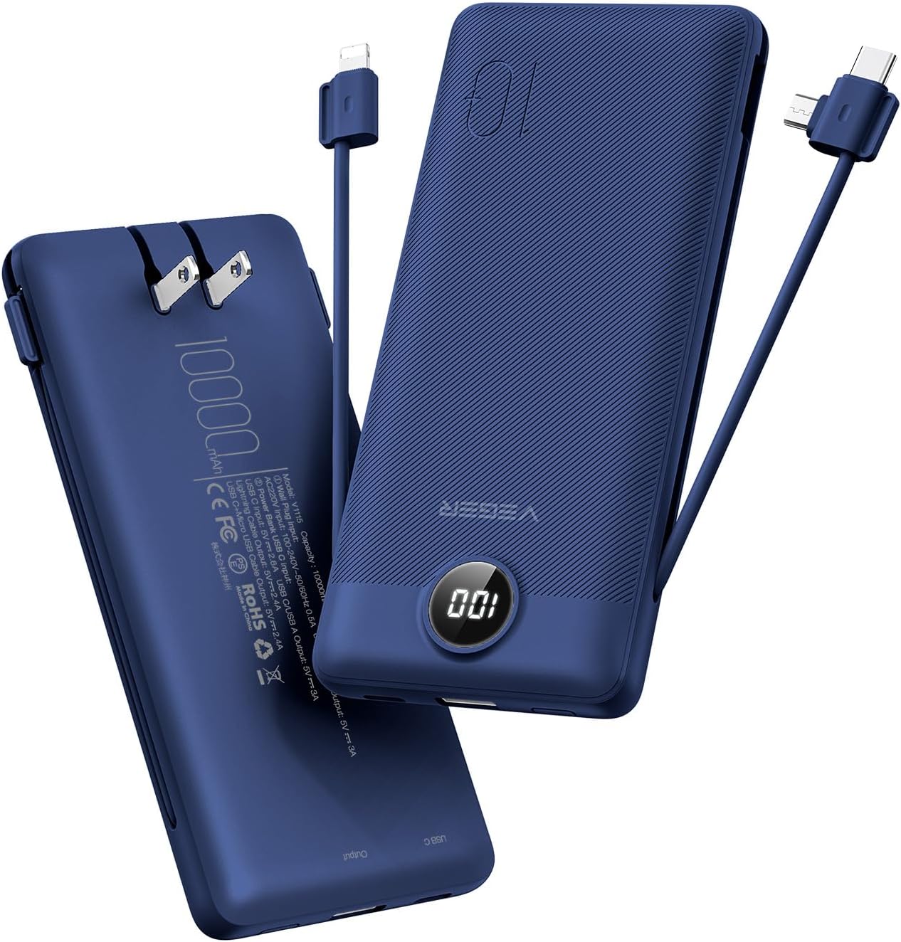 VEGER Slim Fast Charger 10000mAh - Built-in Cables & Wall Plug