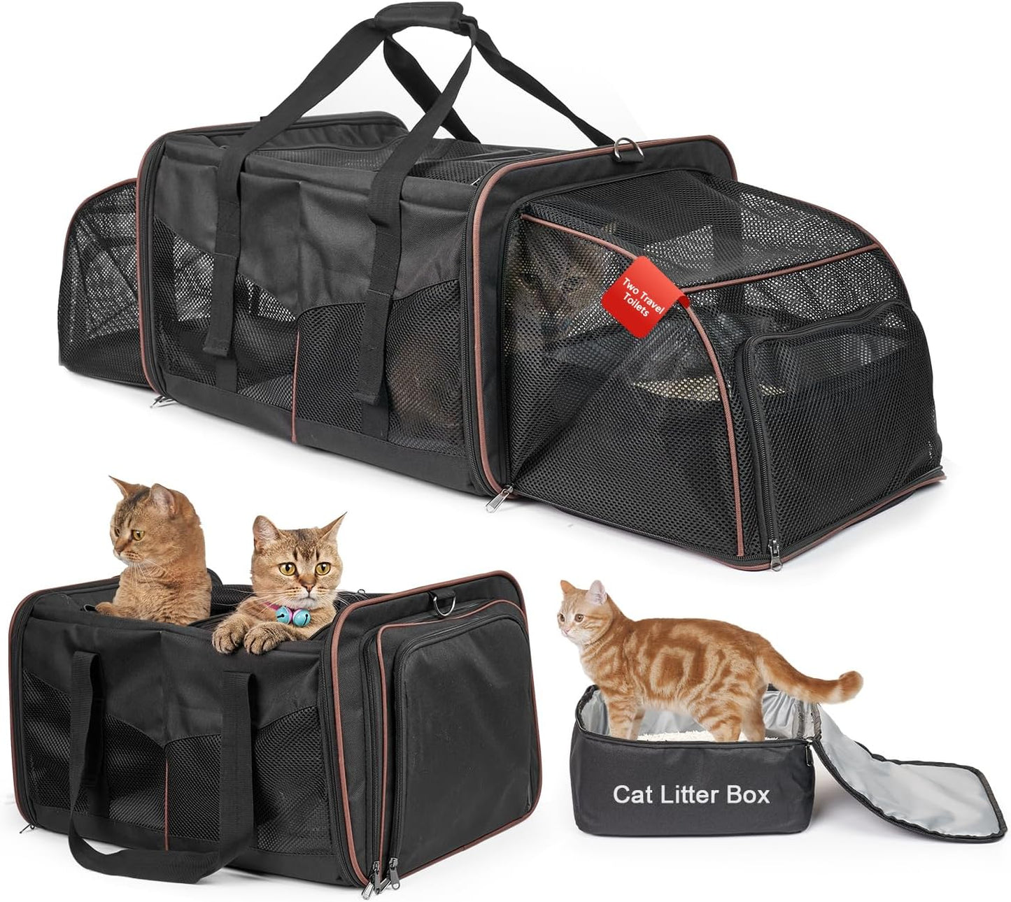 Cat Travel Carrier with Litter Boxes for 2 Cats - Expandable Design