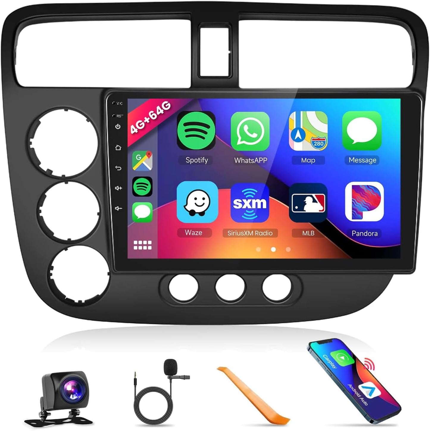 4GB 64GB Radio for Honda Civic 2001-2005 with Wireless CarPlay