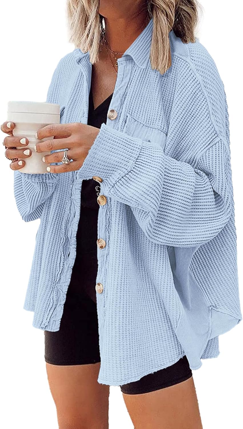 Waffle Knit Shacket for Women - Lightweight Oversized Jacket