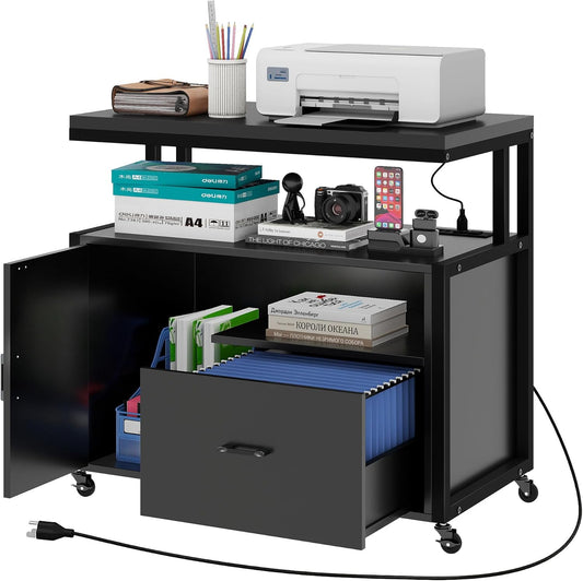 Mobile Printer Stand with File Drawer - Organize & Charge in Style