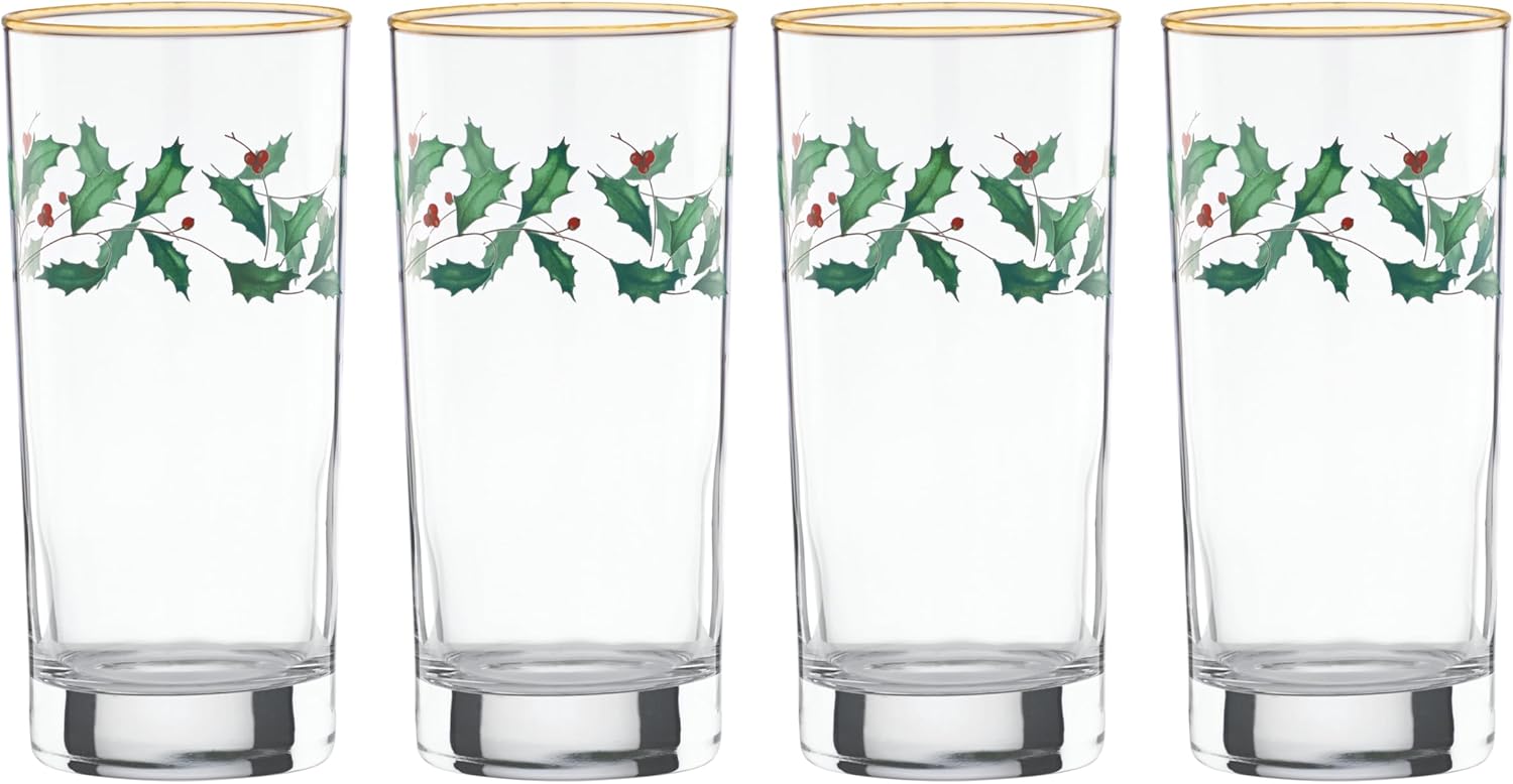 Lenox Holiday 4-Piece Highball Glass Set for Christmas Hosting