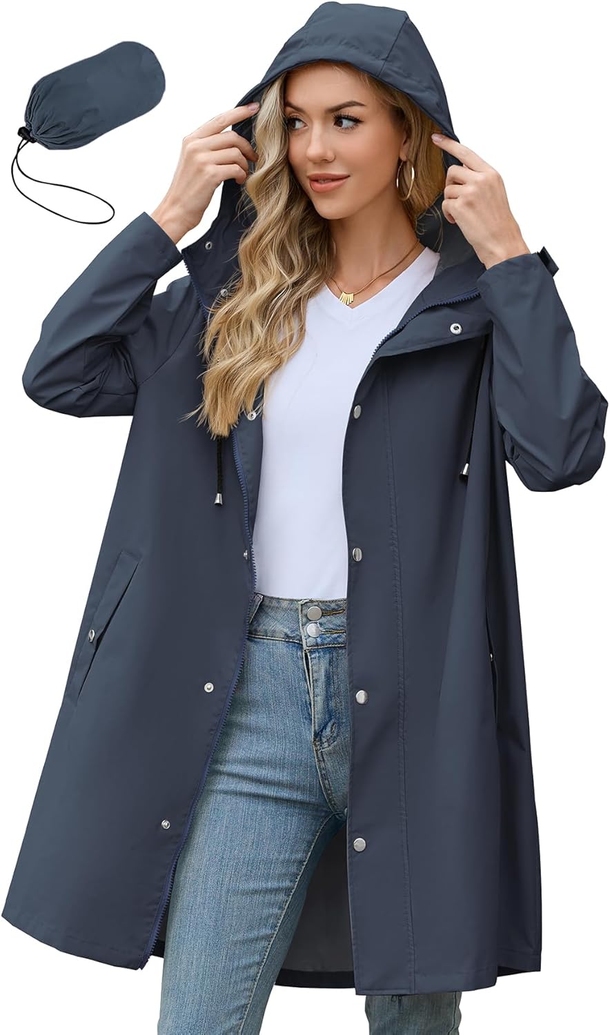 Zando Long Packable Rain Jacket for Women - Waterproof Windbreaker