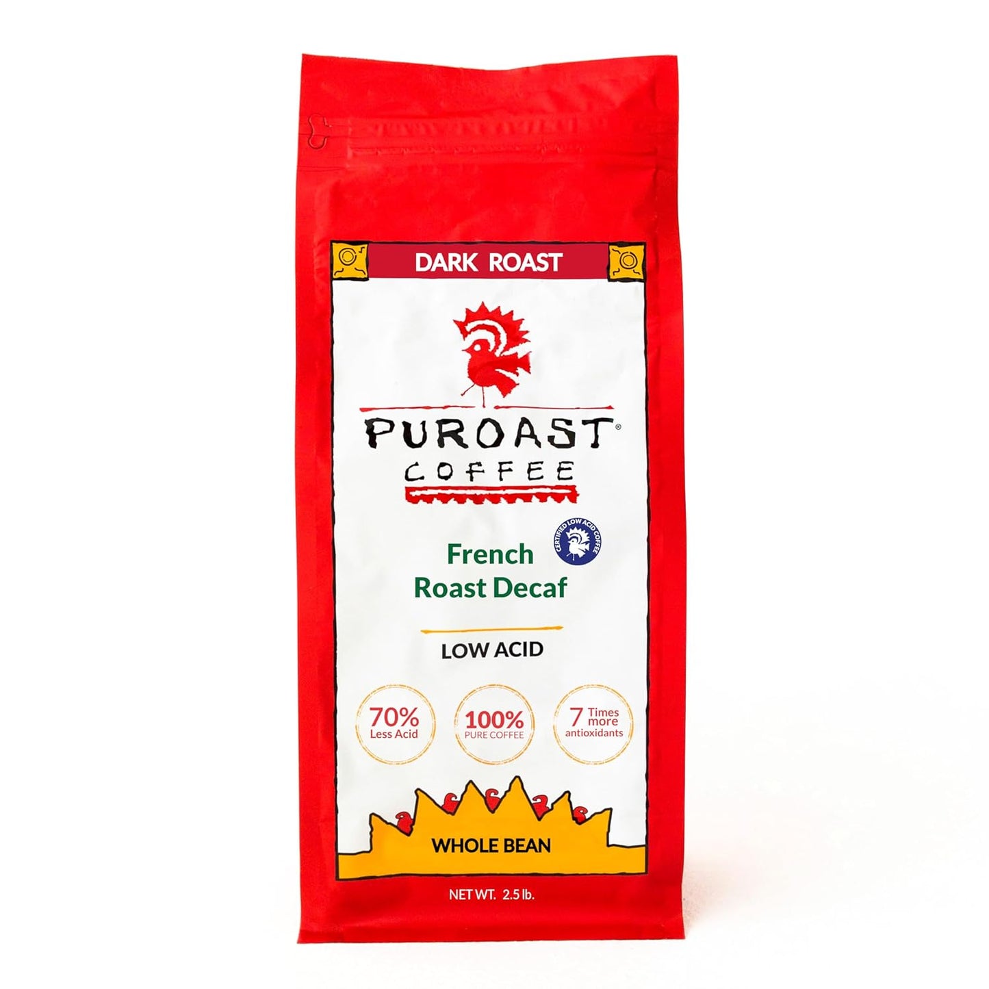 Puroast Low Acid Decaf Whole Bean Coffee for Sensitive Stomachs